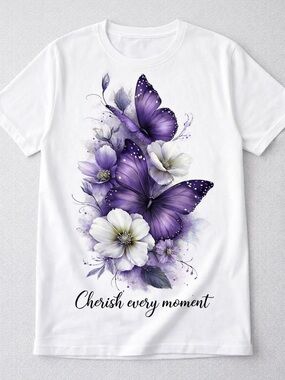 Cherish Every Moment White Tee with Purple Butterfly Floral Print